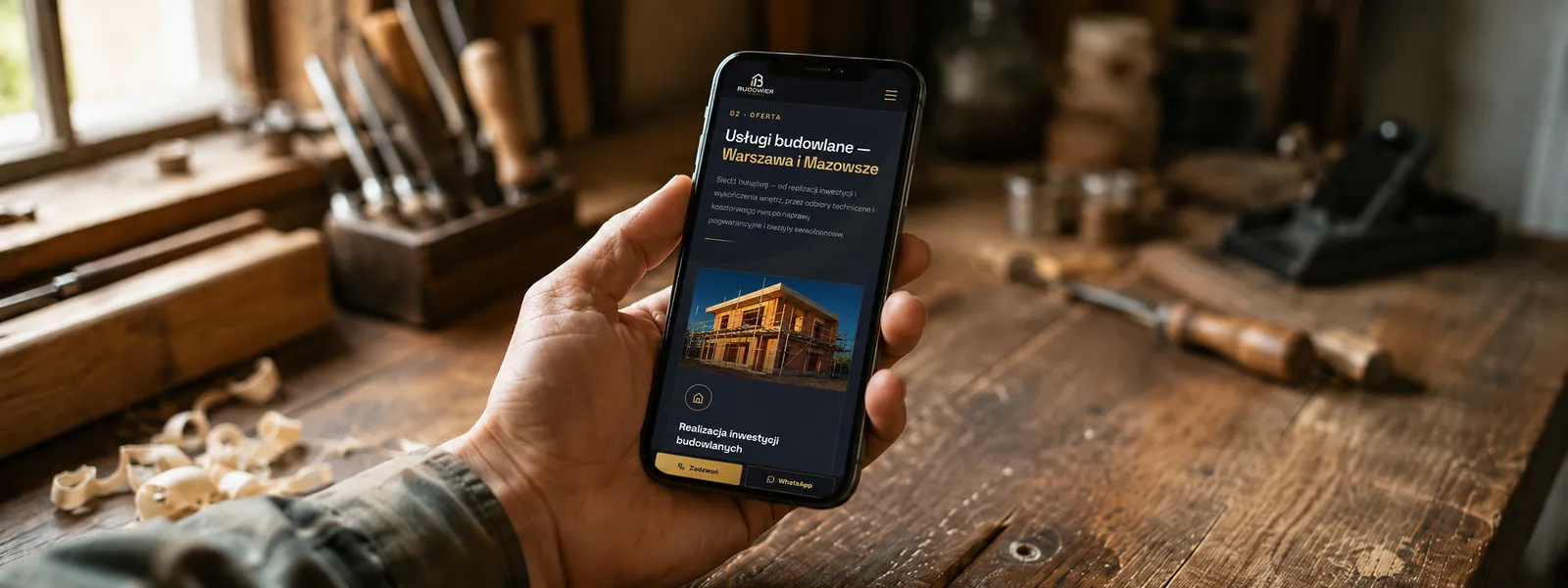 Landing page małej firmy budowlanej z przyciskami Zadzwoń i WhatsApp otwarty na smartfonie w dłoni fachowca w warsztacie