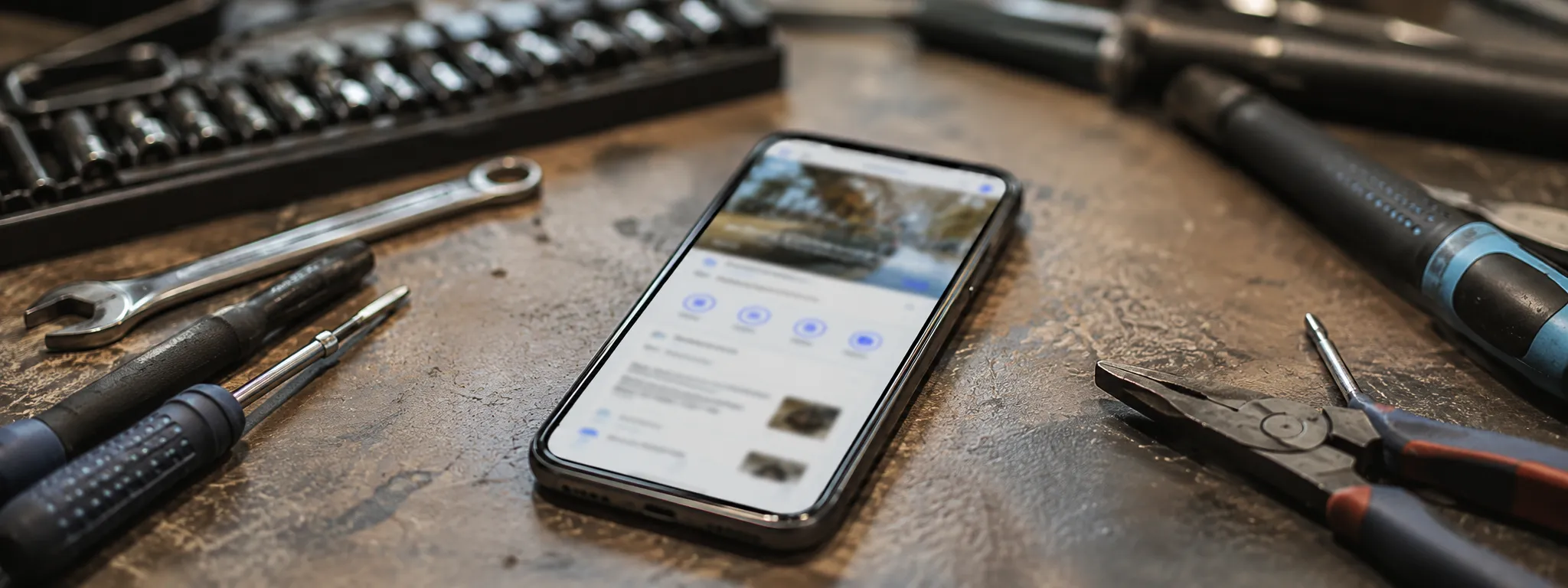 Smartfon z profilem firmy leżący na stole warsztatowym wśród narzędzi