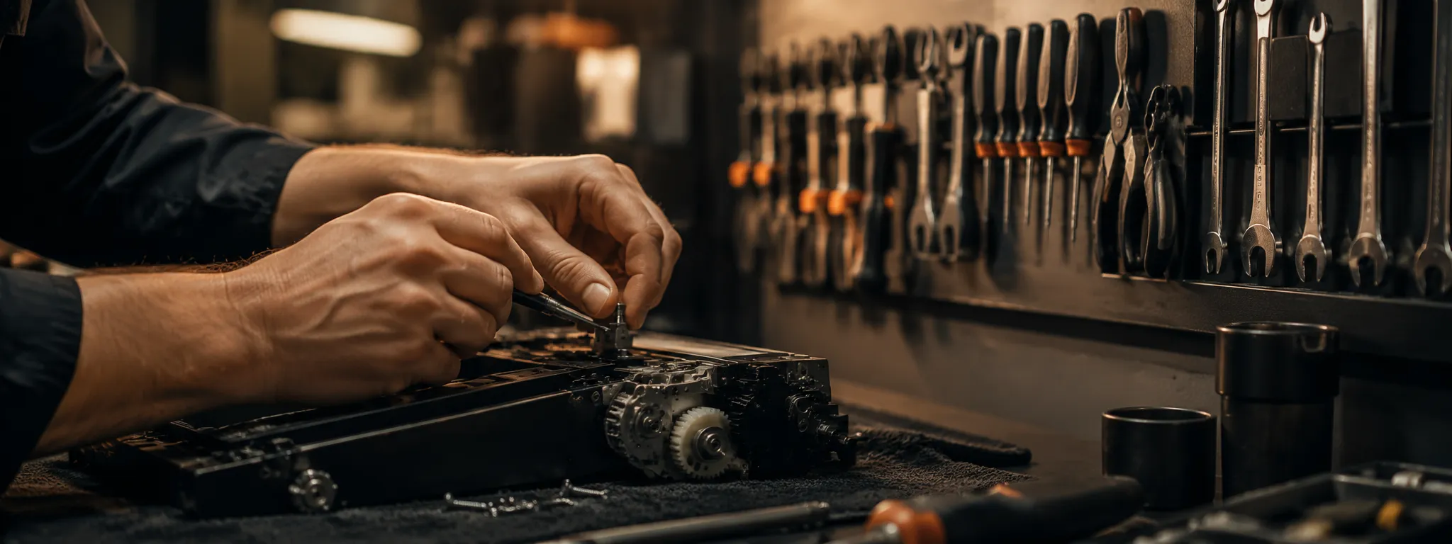 Dłonie serwisujące precyzyjny mechanizm przy ścianie pełnej narzędzi