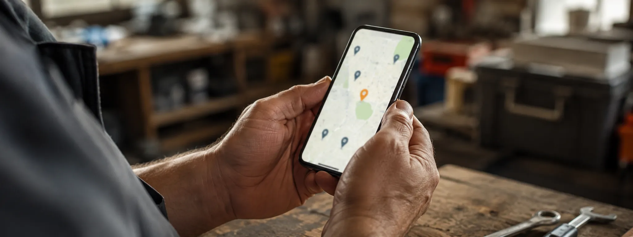 Fachowiec trzyma smartfon z mapą lokalną i pinezkami firm w warsztacie